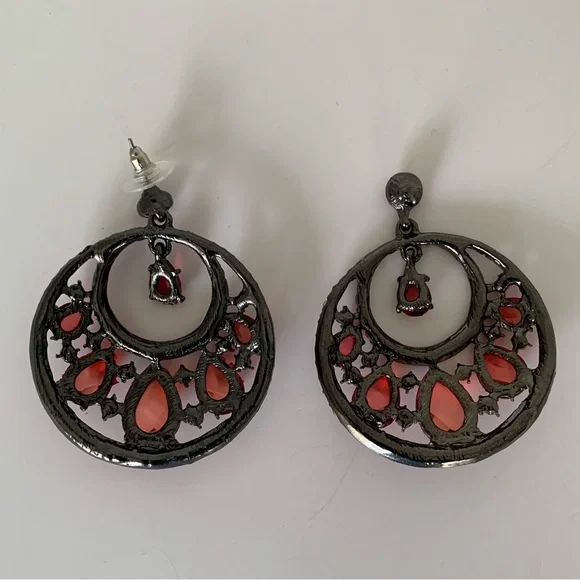 Vintage Red Jeweled Hoop Earrings Drop Rhinestones Stud Top Pierced Ears - Picture 11 of 15